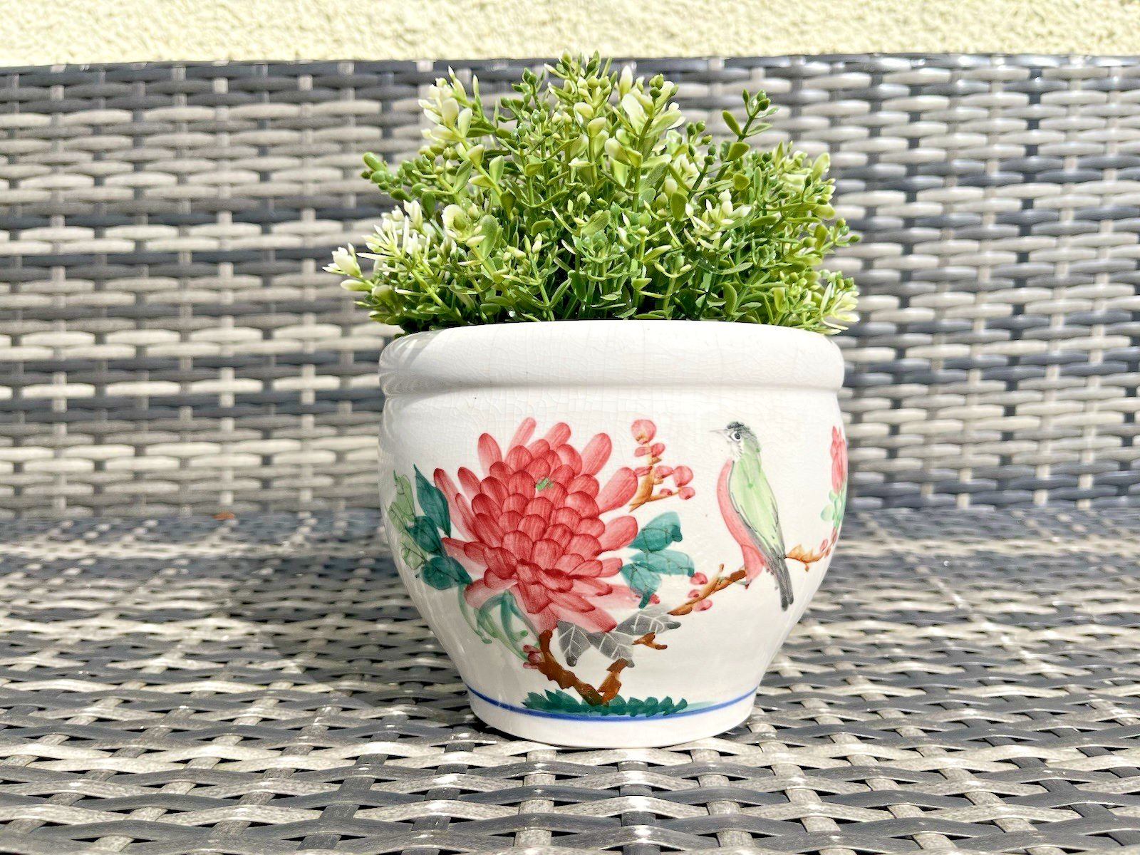 Vintage Chinese Porcelain Bird Chrysanthemum Famille Rose Plant Pot Jardiniere photo for sale