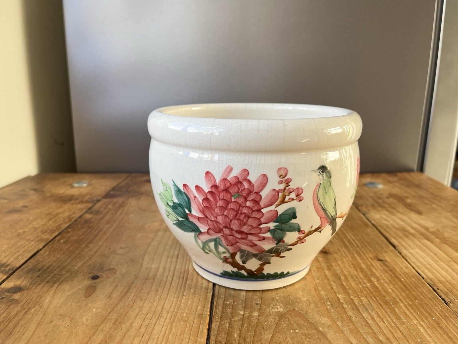 Vintage Chinese Porcelain Bird Chrysanthemum Famille Rose Plant Pot Jardiniere photo vintage