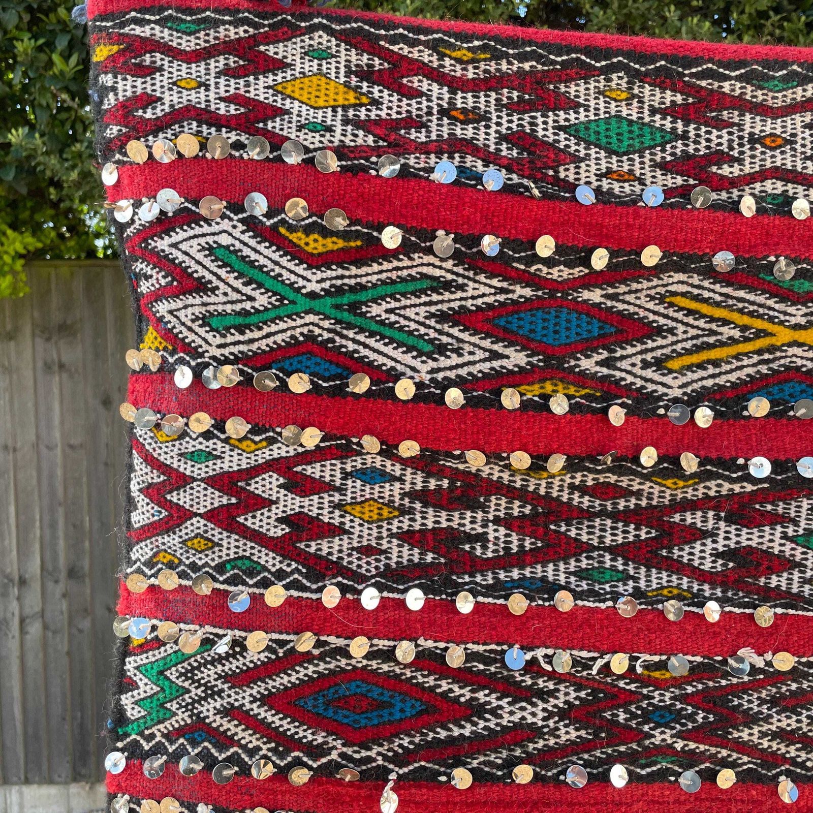 Large Red Kilim Rug With Sequins Handmade Wool Tribal Moroccan Floor Carpet Tribal Handwoven Geometric Pattern Tasselled End Wall Hanging photo furniture