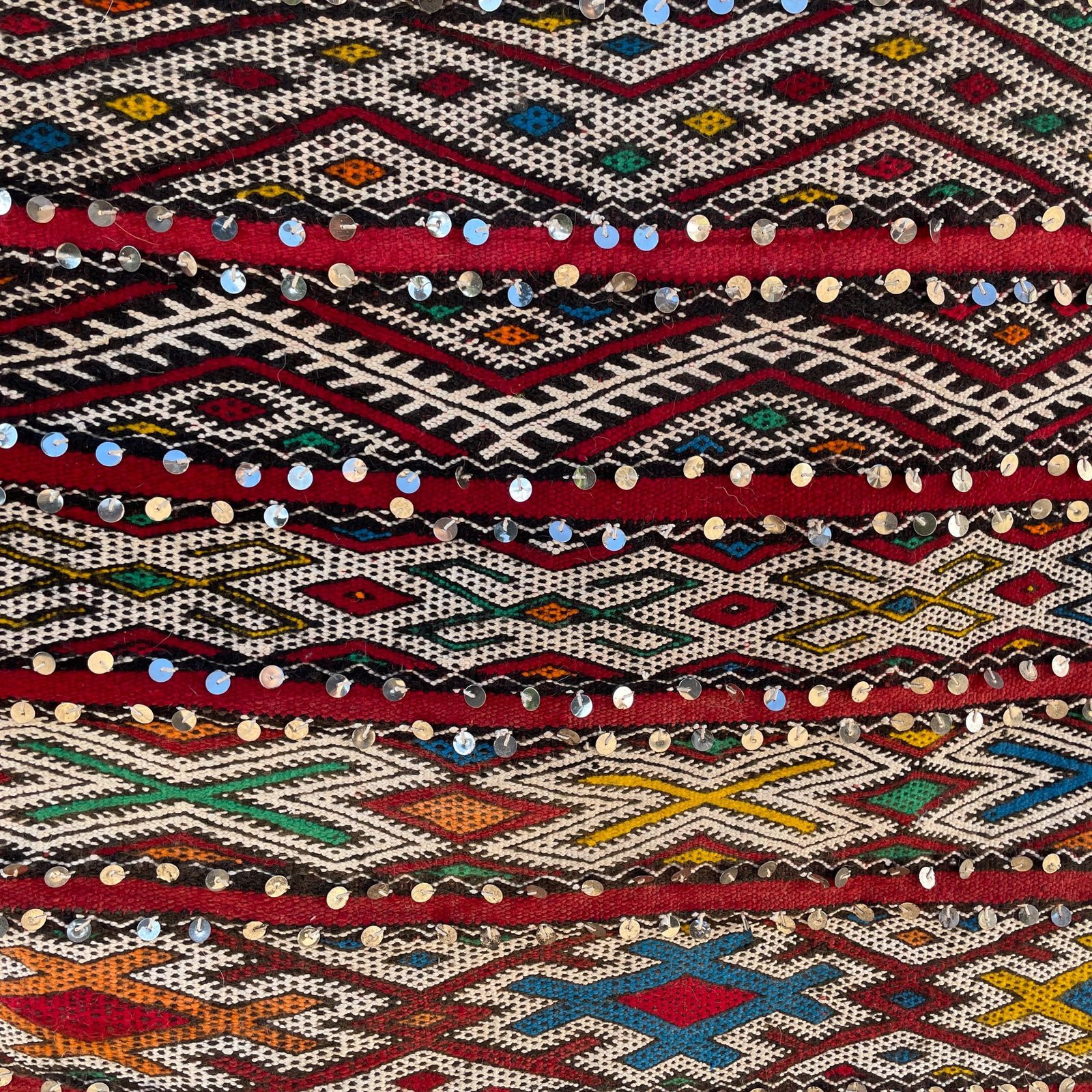 Large Red Kilim Rug With Sequins Handmade Wool Tribal Moroccan Floor Carpet Tribal Handwoven Geometric Pattern Tasselled End Wall Hanging photo Textiles
