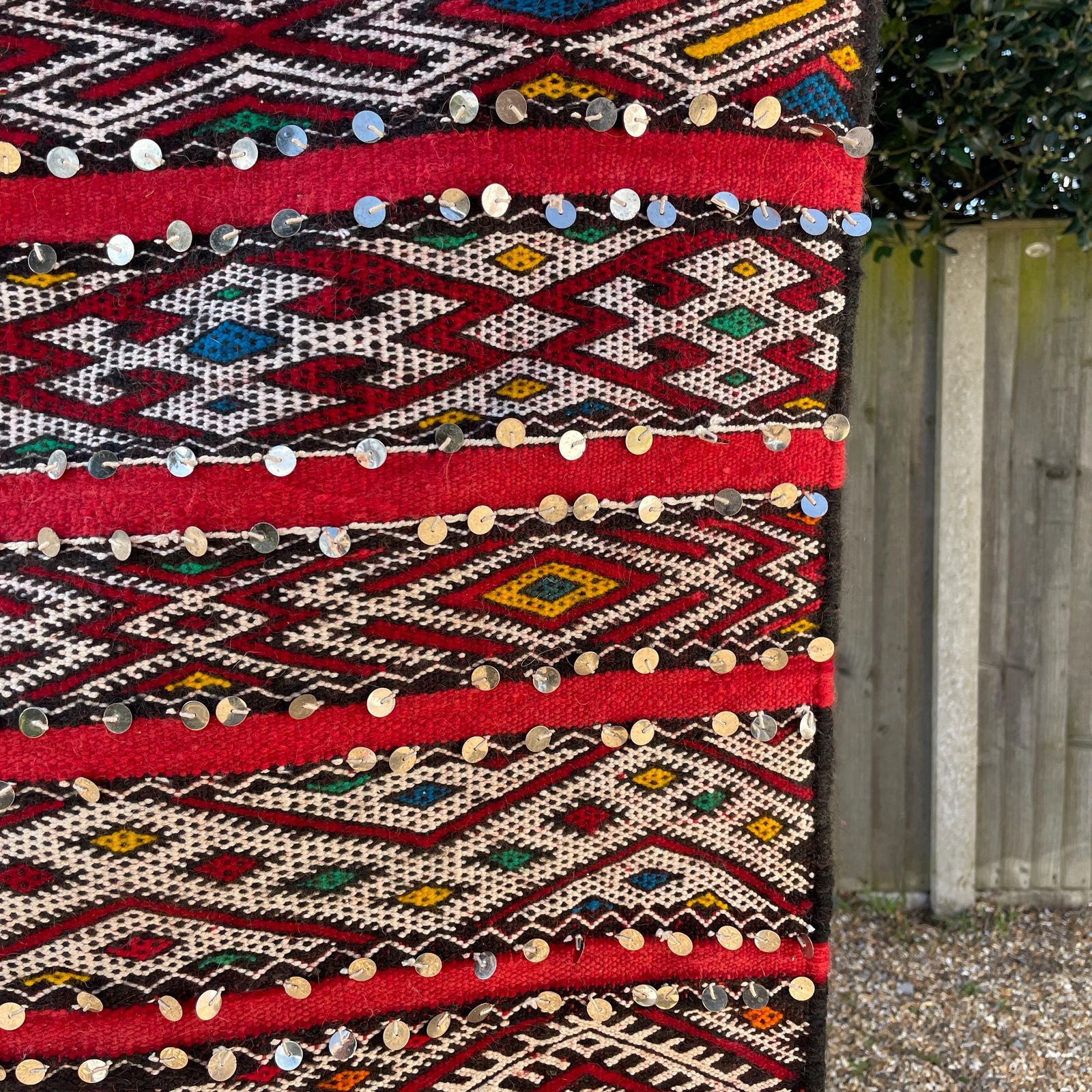 photo for sale Large Red Kilim Rug With Sequins Handmade Wool Tribal Moroccan Floor Carpet Tribal Handwoven Geometric Pattern Tasselled End Wall Hanging