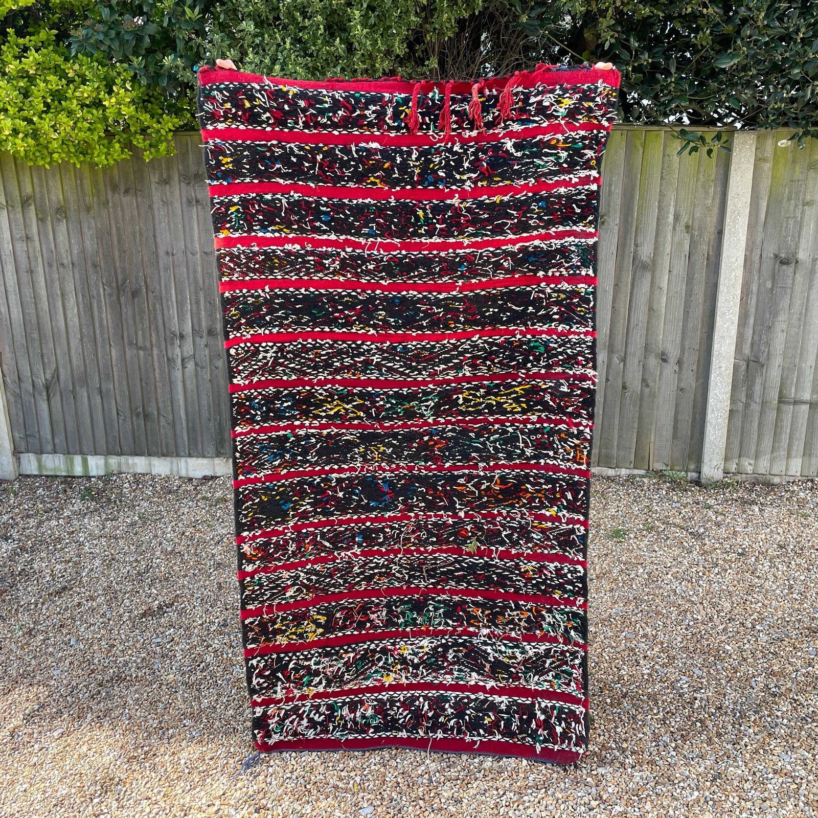 Textiles Large Red Kilim Rug With Sequins Handmade Wool Tribal Moroccan Floor Carpet Tribal Handwoven Geometric Pattern Tasselled End Wall Hanging photo