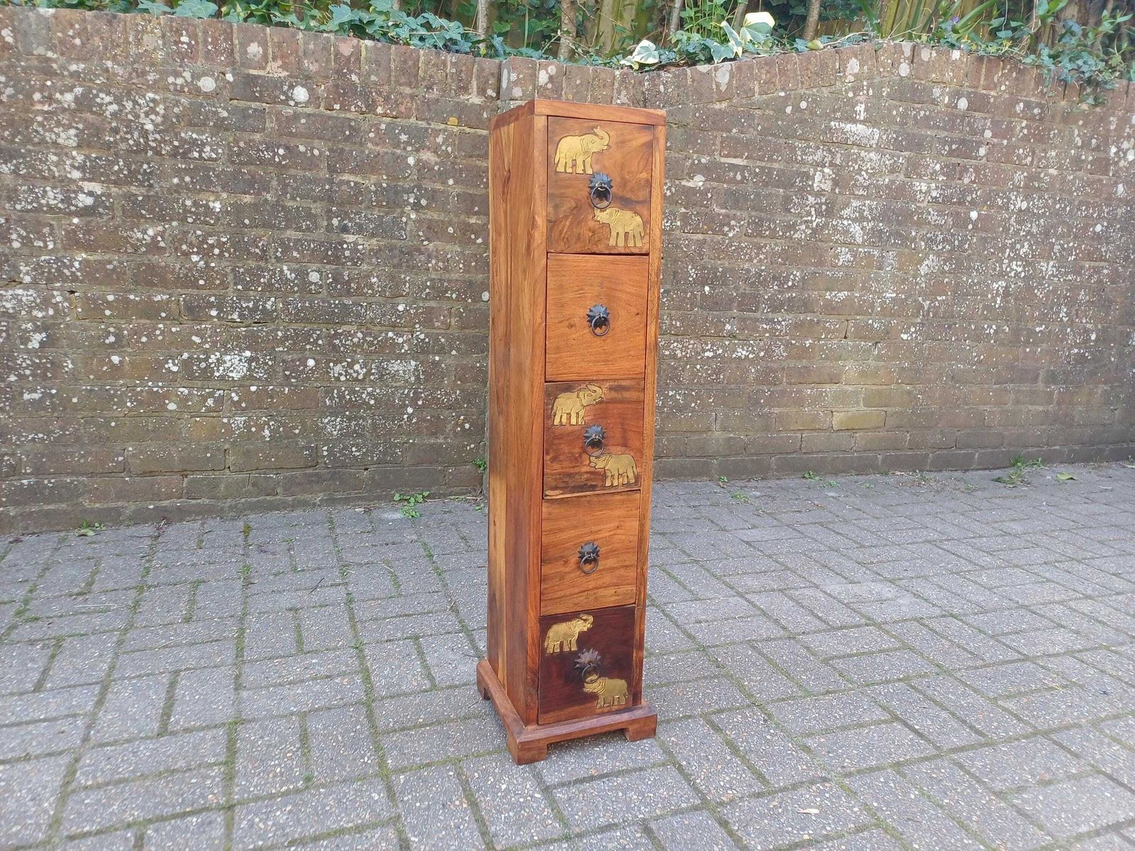 Vintage Teak Thin Chest Of Drawers Elephant Motif Brass Handles Slim Storage Cabinet Solid Wood 1980s Oriental Style