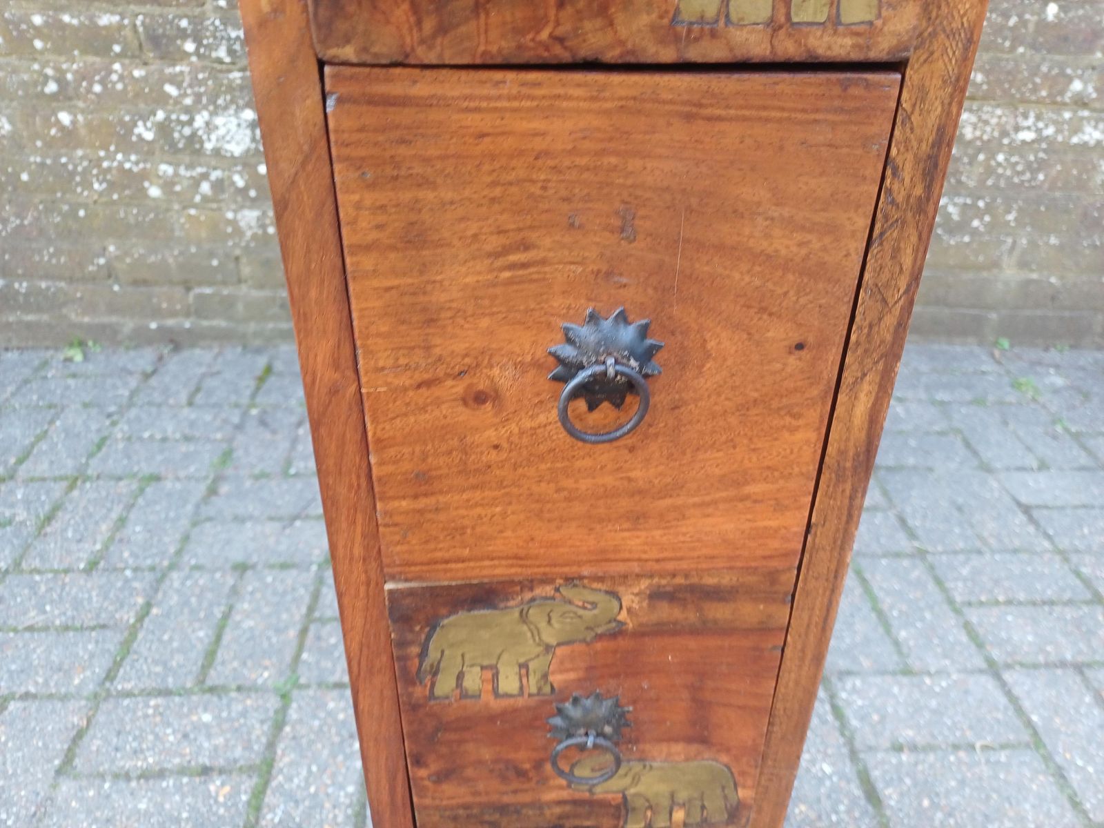 Vintage Teak Thin Chest Of Drawers Elephant Motif Brass Handles Slim Storage Cabinet Solid Wood 1980s Oriental Style photo vintage