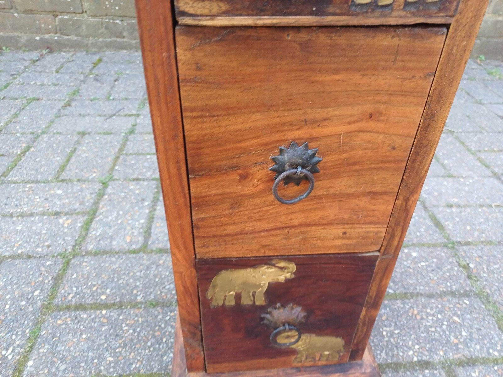 photo for sale Vintage Teak Thin Chest Of Drawers Elephant Motif Brass Handles Slim Storage Cabinet Solid Wood 1980s Oriental Style