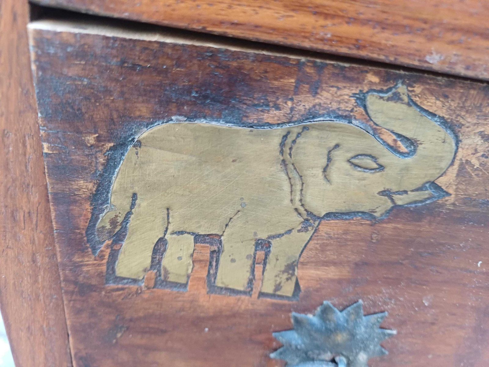 photo buy Vintage Teak Thin Chest Of Drawers Elephant Motif Brass Handles Slim Storage Cabinet Solid Wood 1980s Oriental Style