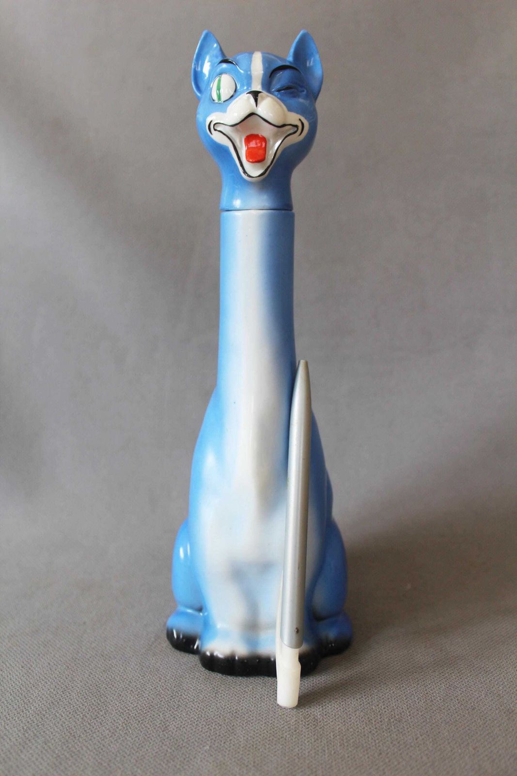 Rare Antique Art Deco German Blue Ceramic Winking Cat Decanter, Comical, Schafer Style, Figural, Handpainted, Novelty, Germany photo furniture