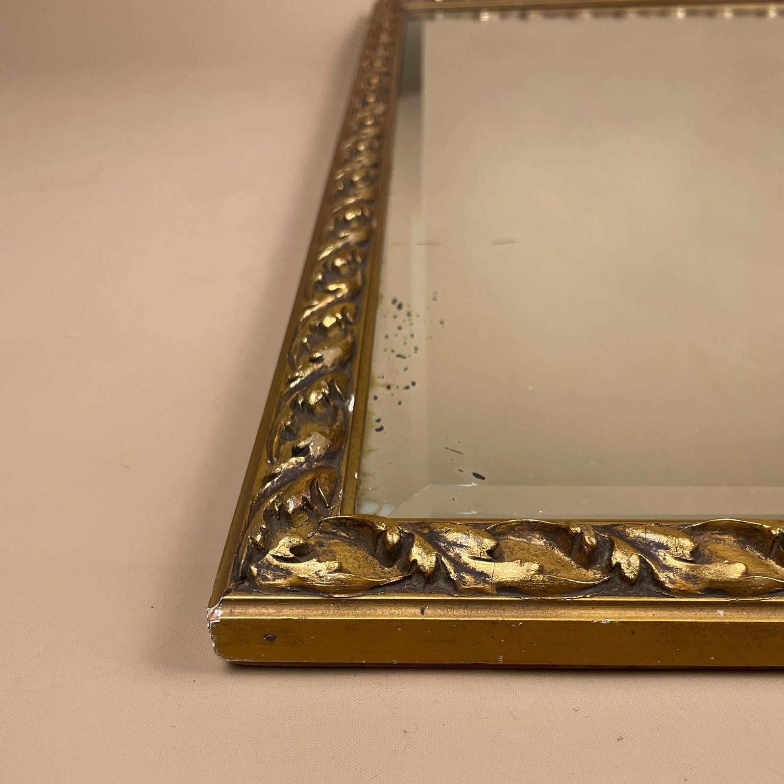 Ornate Wooden Wall Mirror Gold Wood Frame Bevelled Glass Rectangle Portrait Patterned Edge Bedroom Hallway Decorative Antique Style photo for sale