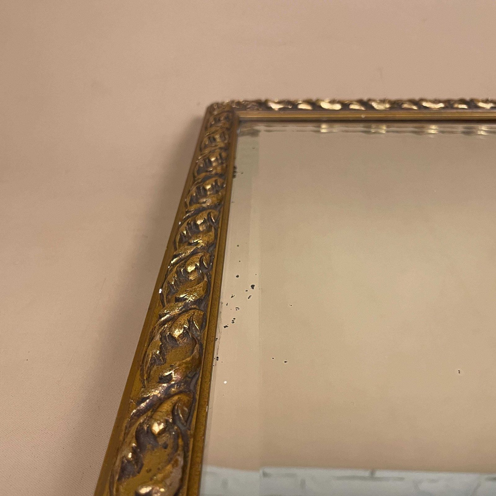 Ornate Wooden Wall Mirror Gold Wood Frame Bevelled Glass Rectangle Portrait Patterned Edge Bedroom Hallway Decorative Antique Style photo vintage
