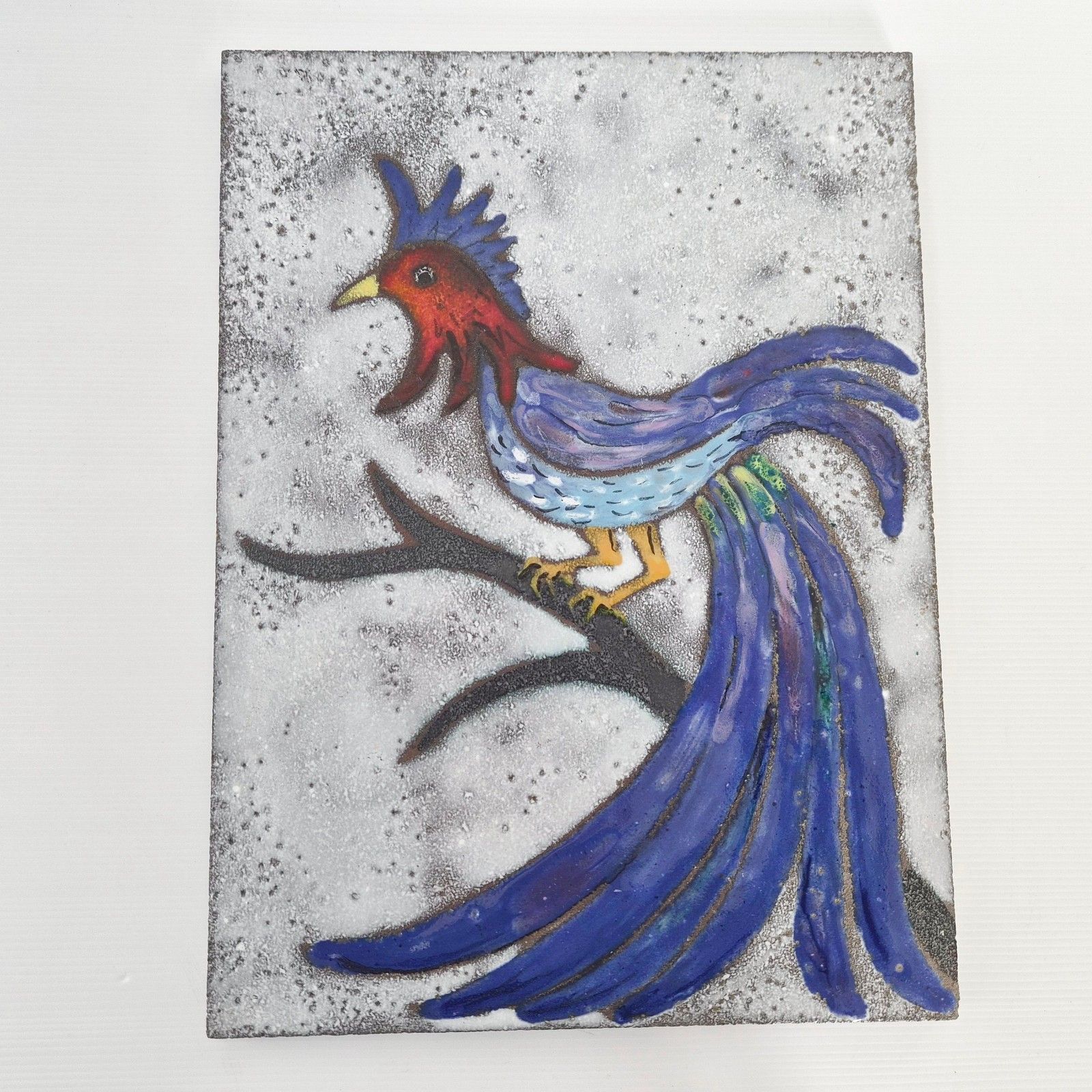 Vintage Large Panel Lava Stone Rooster Peacock 1960 Frères Cloutier Robert & Jean