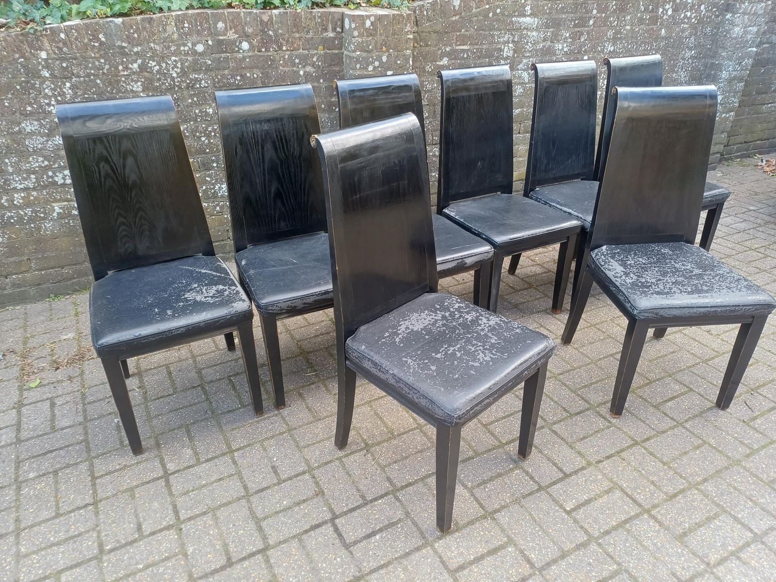 Classic Set Of 8 Lombok Black Dining Chairs 1980s Oriental Style Hardwood Vintage Distressed Finish Free Hand Delivery photo for sale