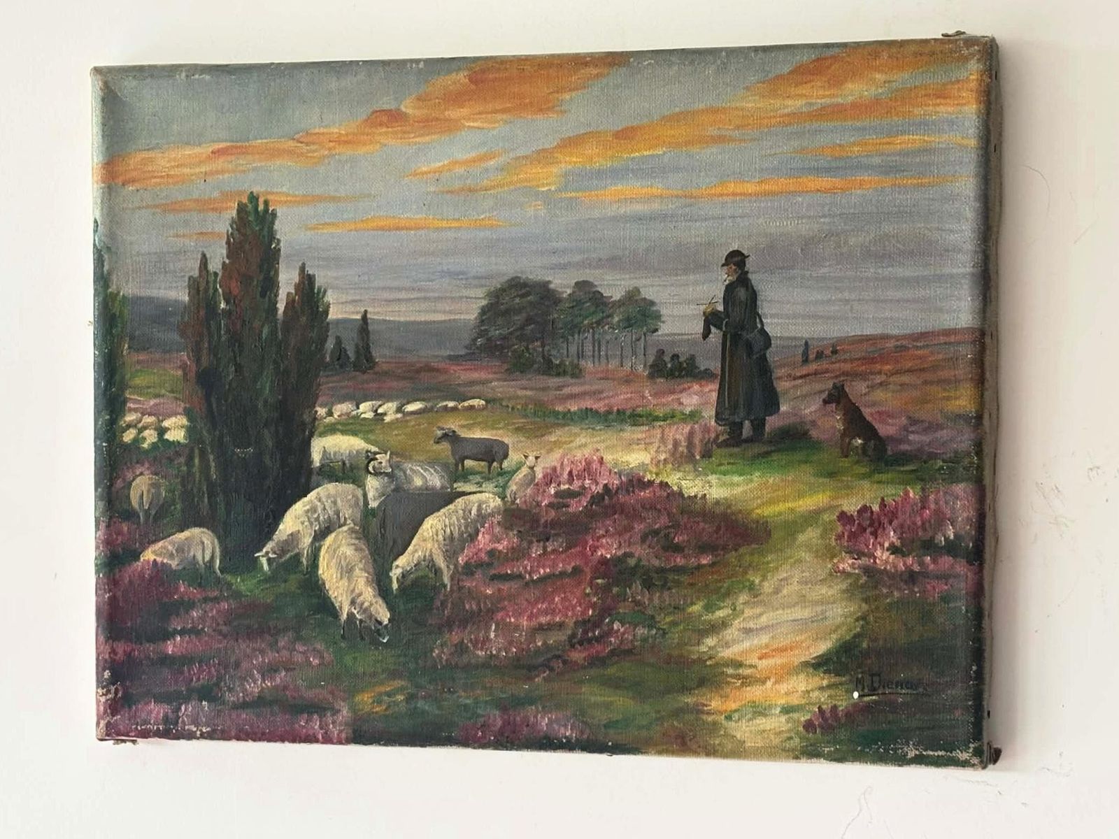 Original Oil Painting Shepherd Scene, Impressionist Landscape, Signed Dutch Antique Farm Art photo 283.0