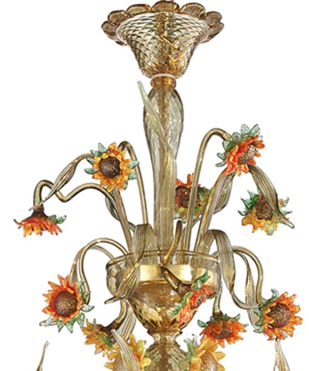 Venetian Scenographic "Sunflowers" Amber And Green Murano Glass Chandelier photo furniture