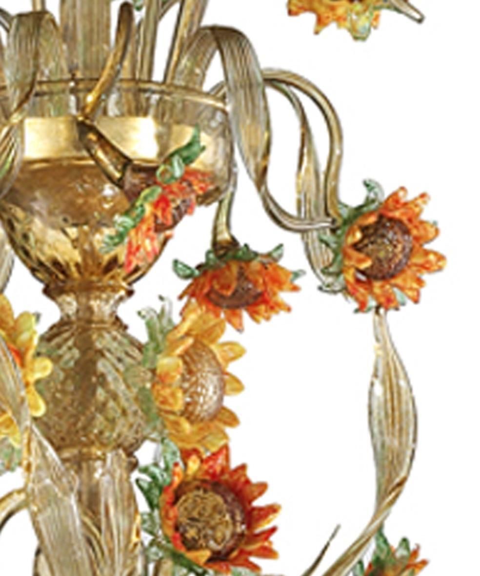 Venetian Scenographic "Sunflowers" Amber And Green Murano Glass Chandelier photo Lighting