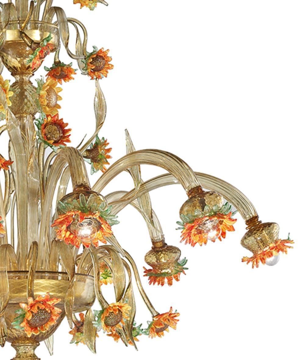 Venetian Scenographic "Sunflowers" Amber And Green Murano Glass Chandelier photo 13524.0