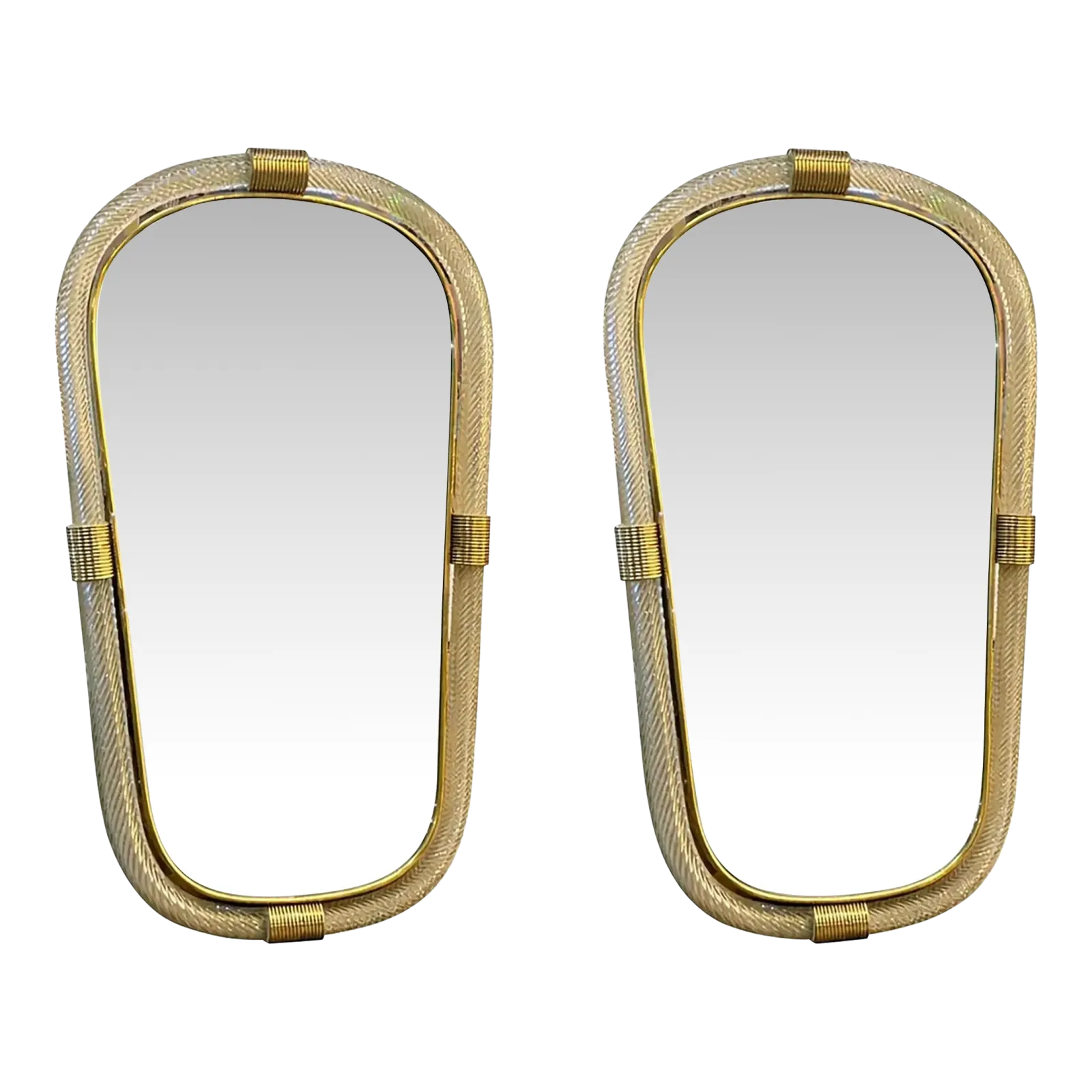 Elegant Pair Of Murano Glass Mirrors In Gold Leaf, Italy, “Torciglione” Design