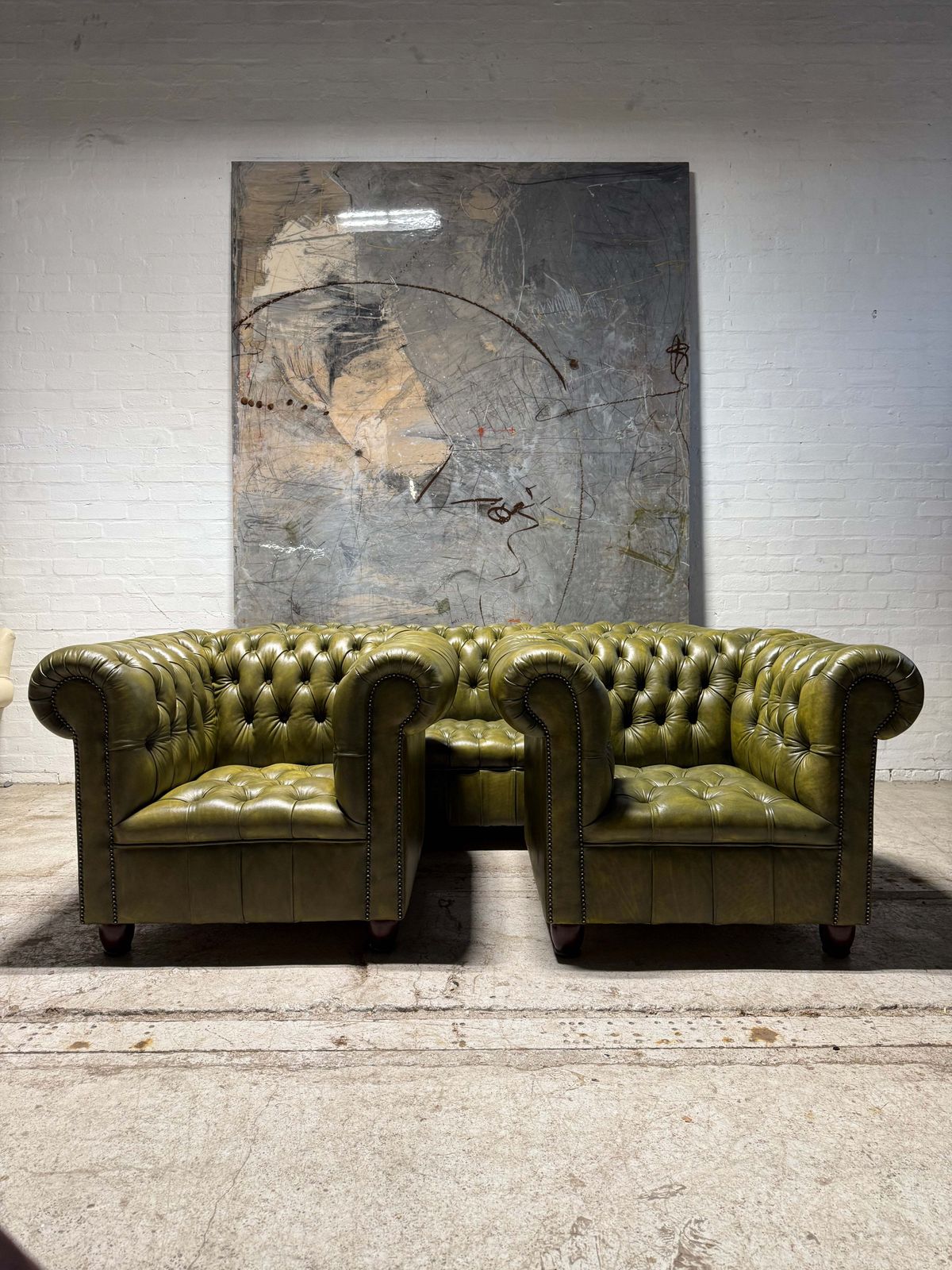 Fully Restored Late 20thc Leather Chesterfield 3 Piece Suite In Hand Dyed Olive Green photo furniture