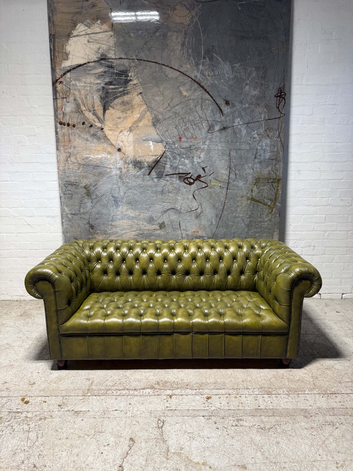 Fully Restored Late 20thc Leather Chesterfield 3 Piece Suite In Hand Dyed Olive Green photo vintage