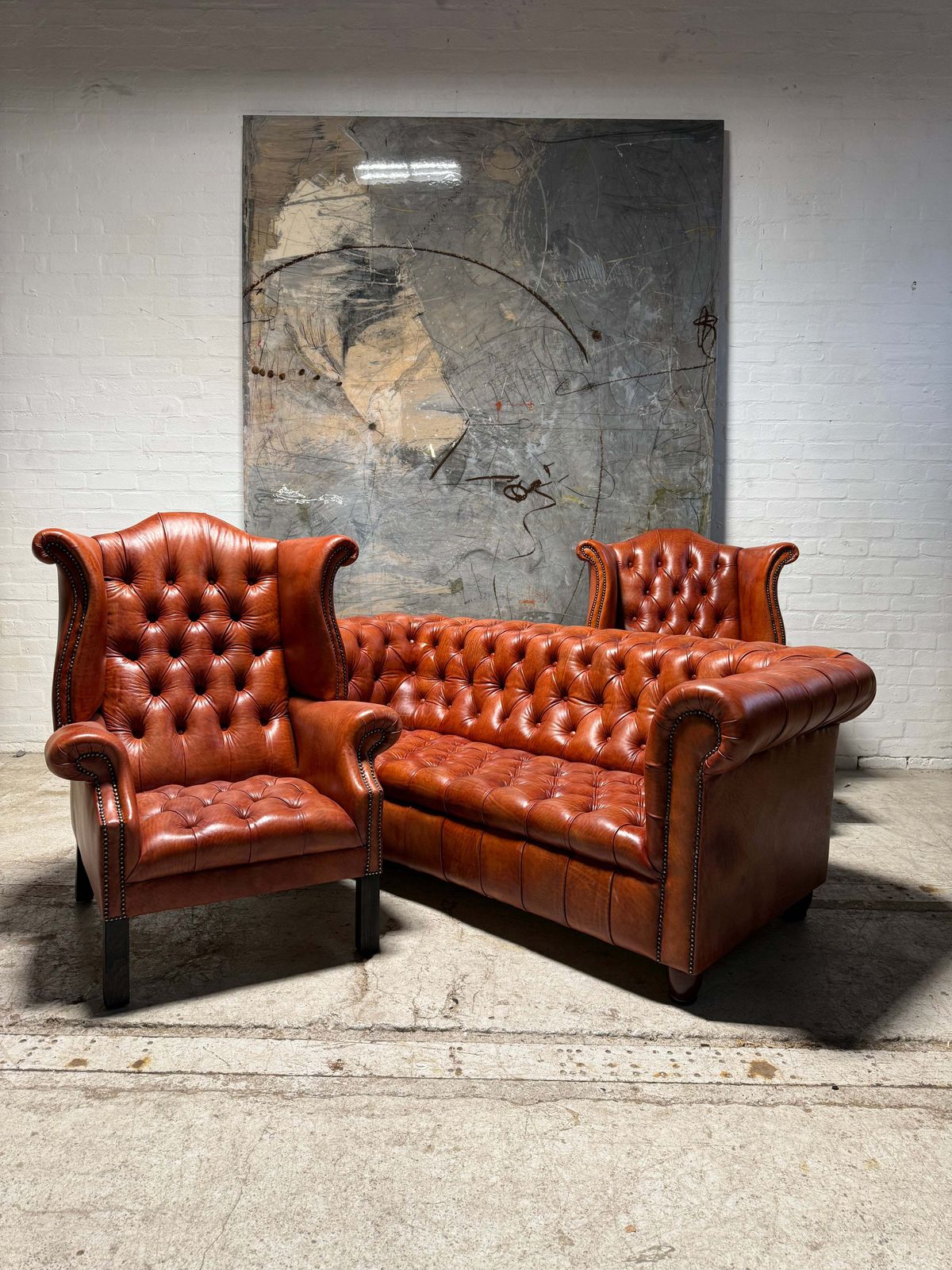 Fully Restored Late 20thc Chesterfield 3 Piece Suite In Hand Dyed Cognac