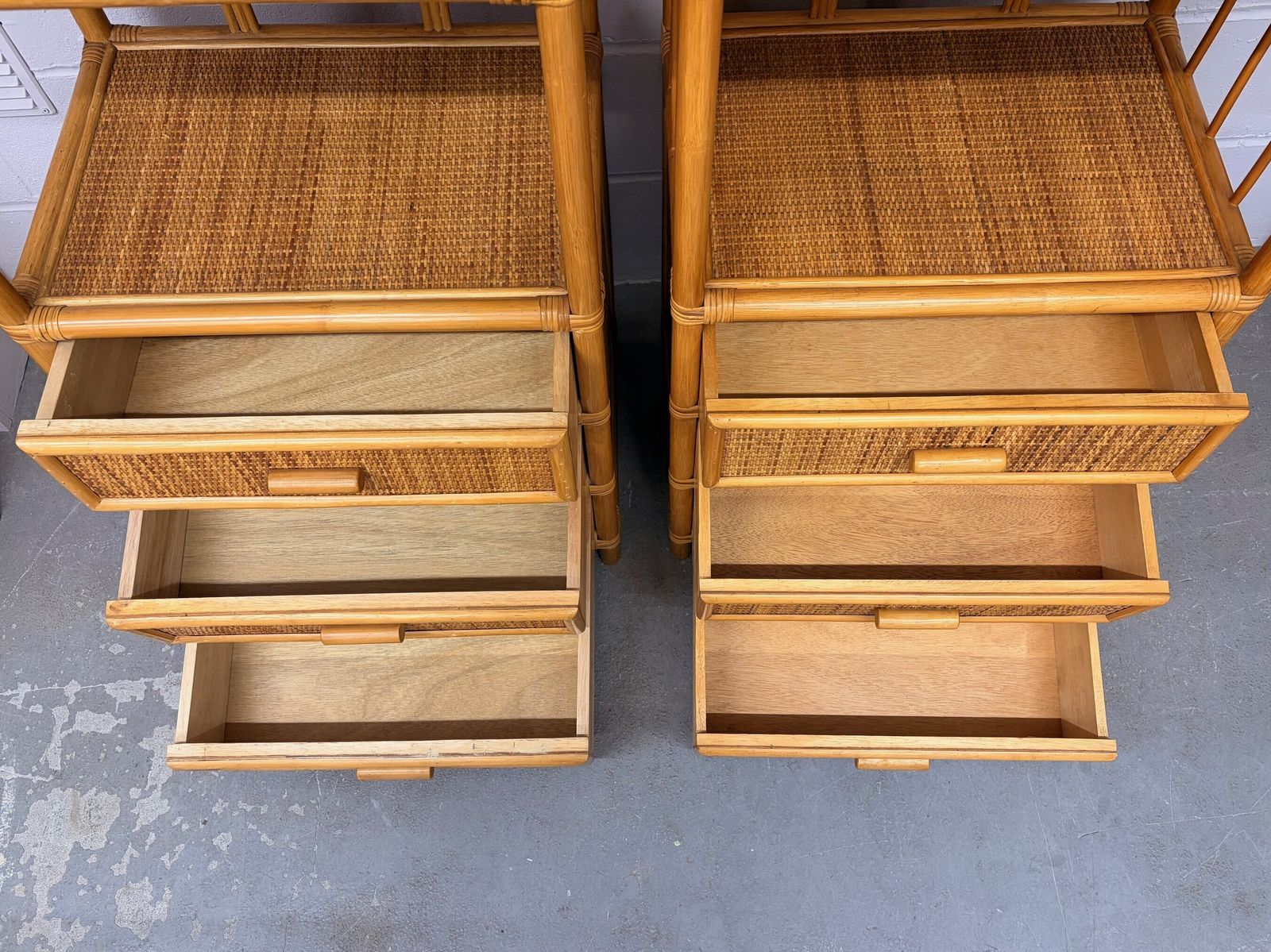 Pair Of 1970s Bamboo Shelving Units With Drawers photo vintage
