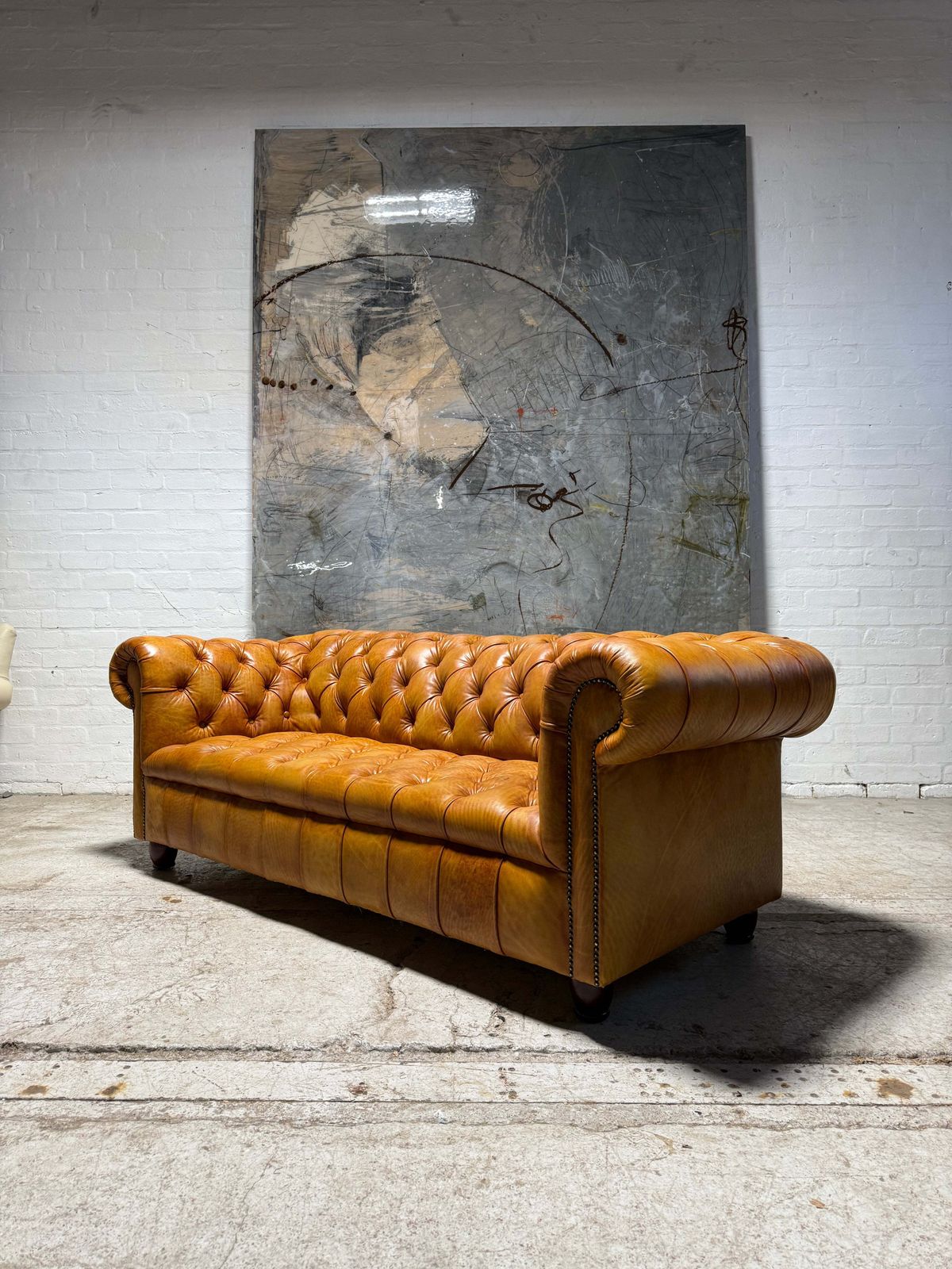 Fully Restored Late 20thc Chesterfield 3 Piece Suite In Hand Dyed Honey Tan Leather photo for sale