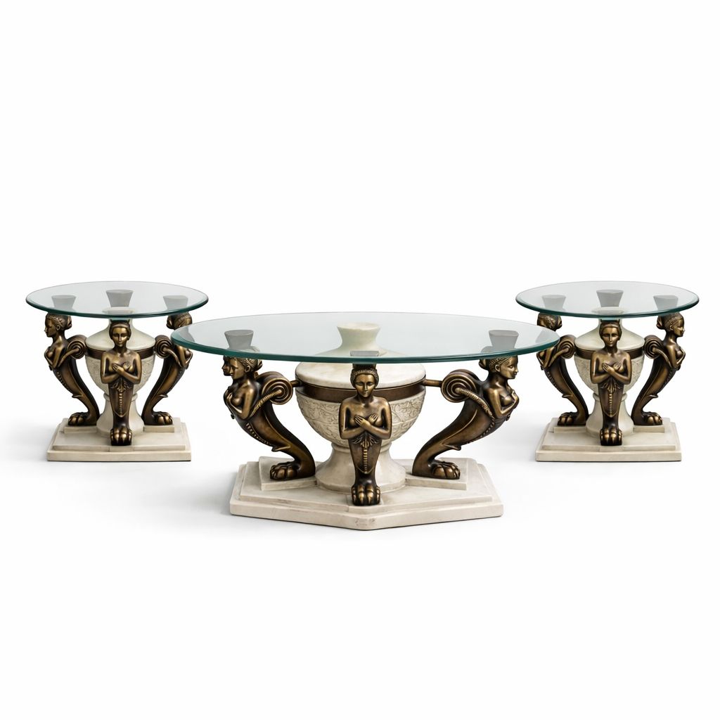 Hollywood Regency Glass Top Table Set – Sculptural Mermaid Base (Set Of 3) photo Furniture