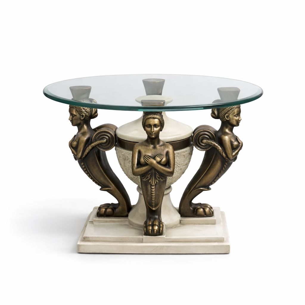 Hollywood Regency Glass Top Table Set – Sculptural Mermaid Base (Set Of 3) photo 265.0