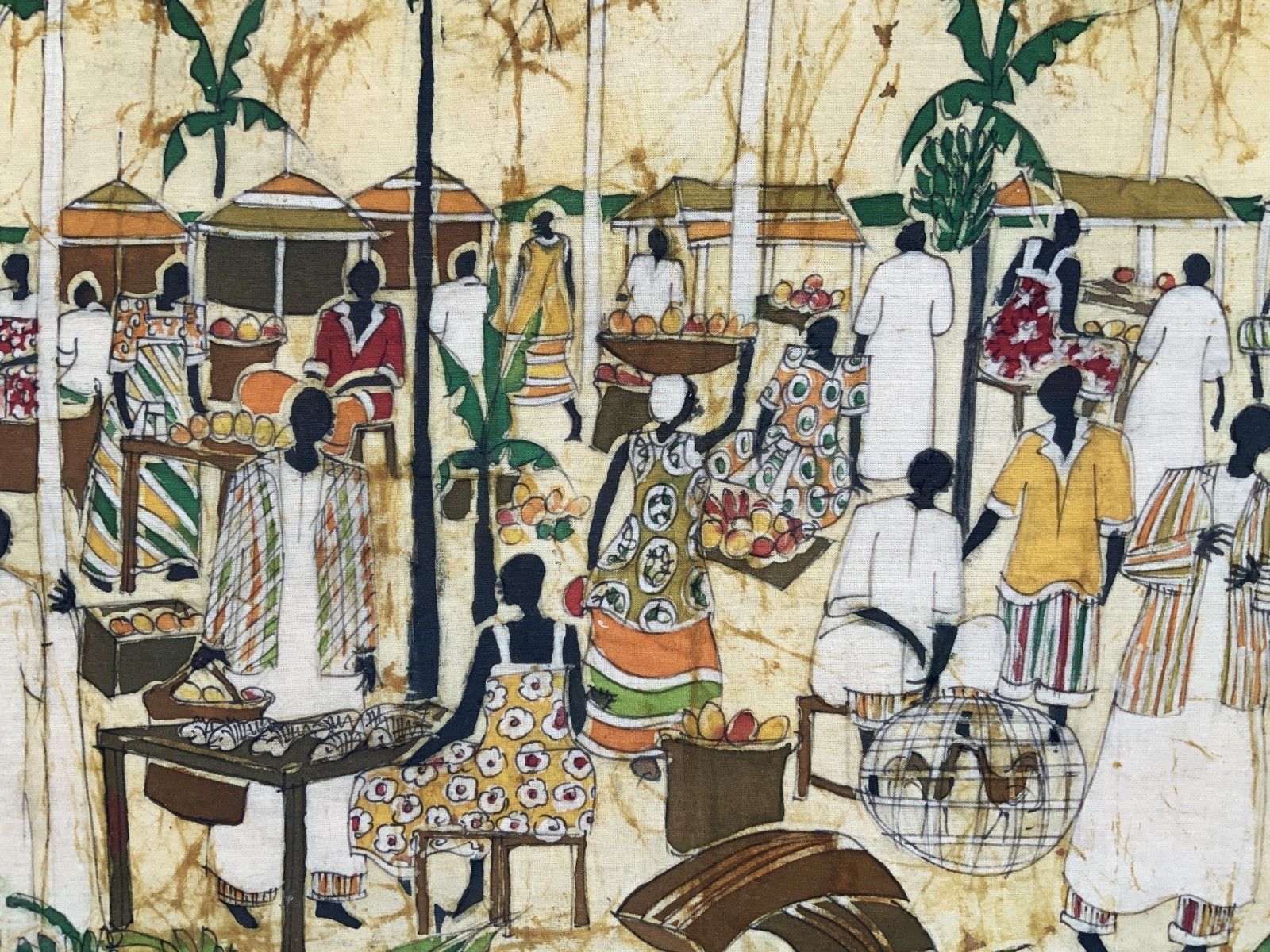 Art Huge Magnificent African Market Day Batik Fine Cloth Picture Vintage 1950s photo