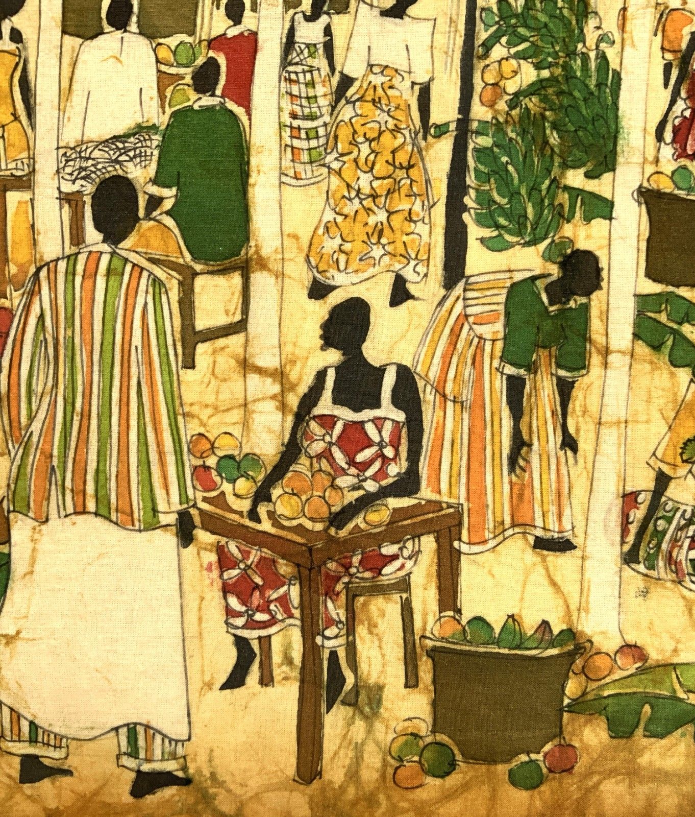 photo vinterior Huge Magnificent African Market Day Batik Fine Cloth Picture Vintage 1950s