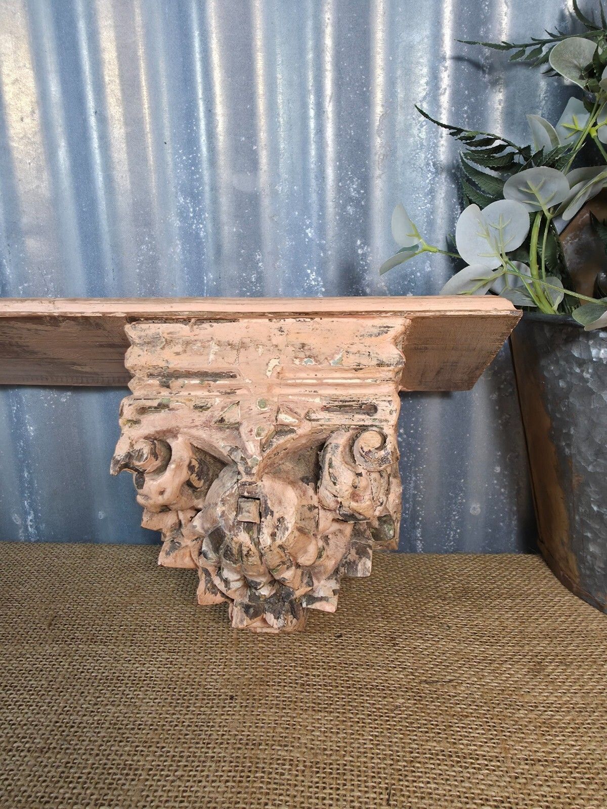 Vintage Indian Reclaimed Architectural Carved Wooden Wall Shelf photo for sale