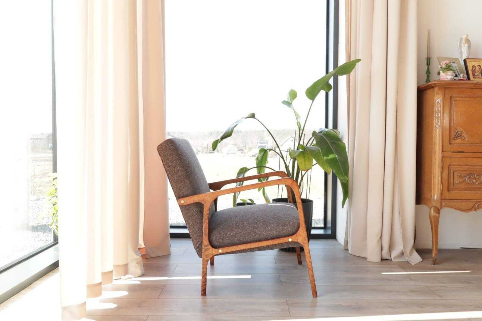 Mid Century Armchair Cacao Tweed Upholstery, 1960, Poland photo for sale