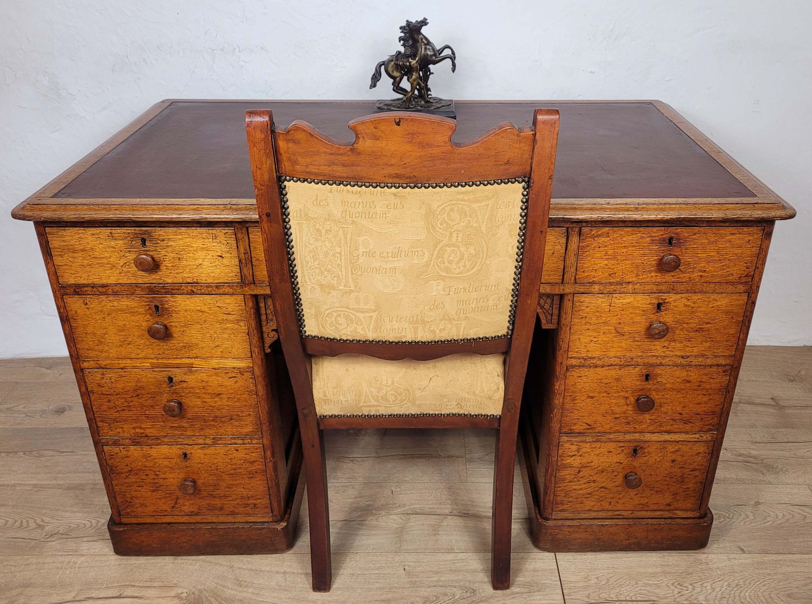 Victorian Writing Desk Oak Knee Hole Leather 19thc Antique photo for sale