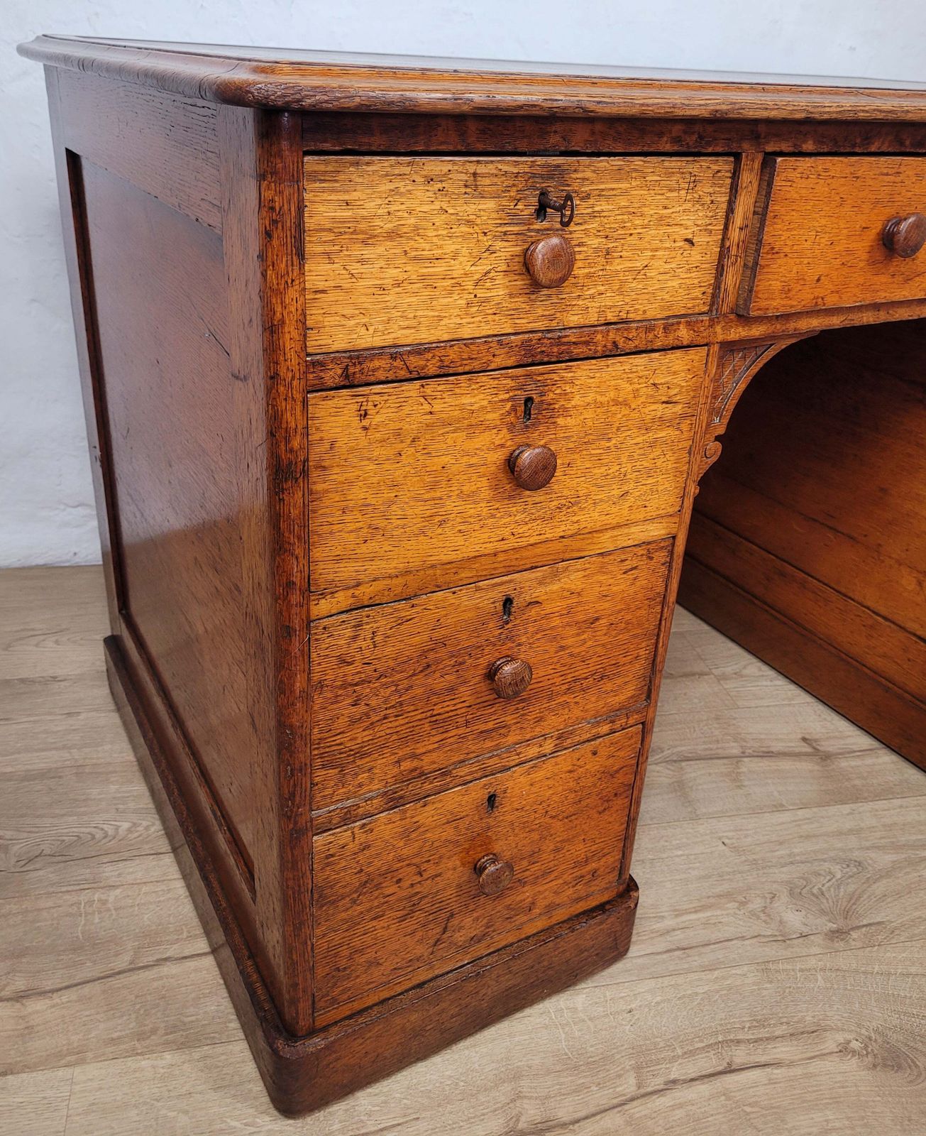 Victorian Writing Desk Oak Knee Hole Leather 19thc Antique photo vintage