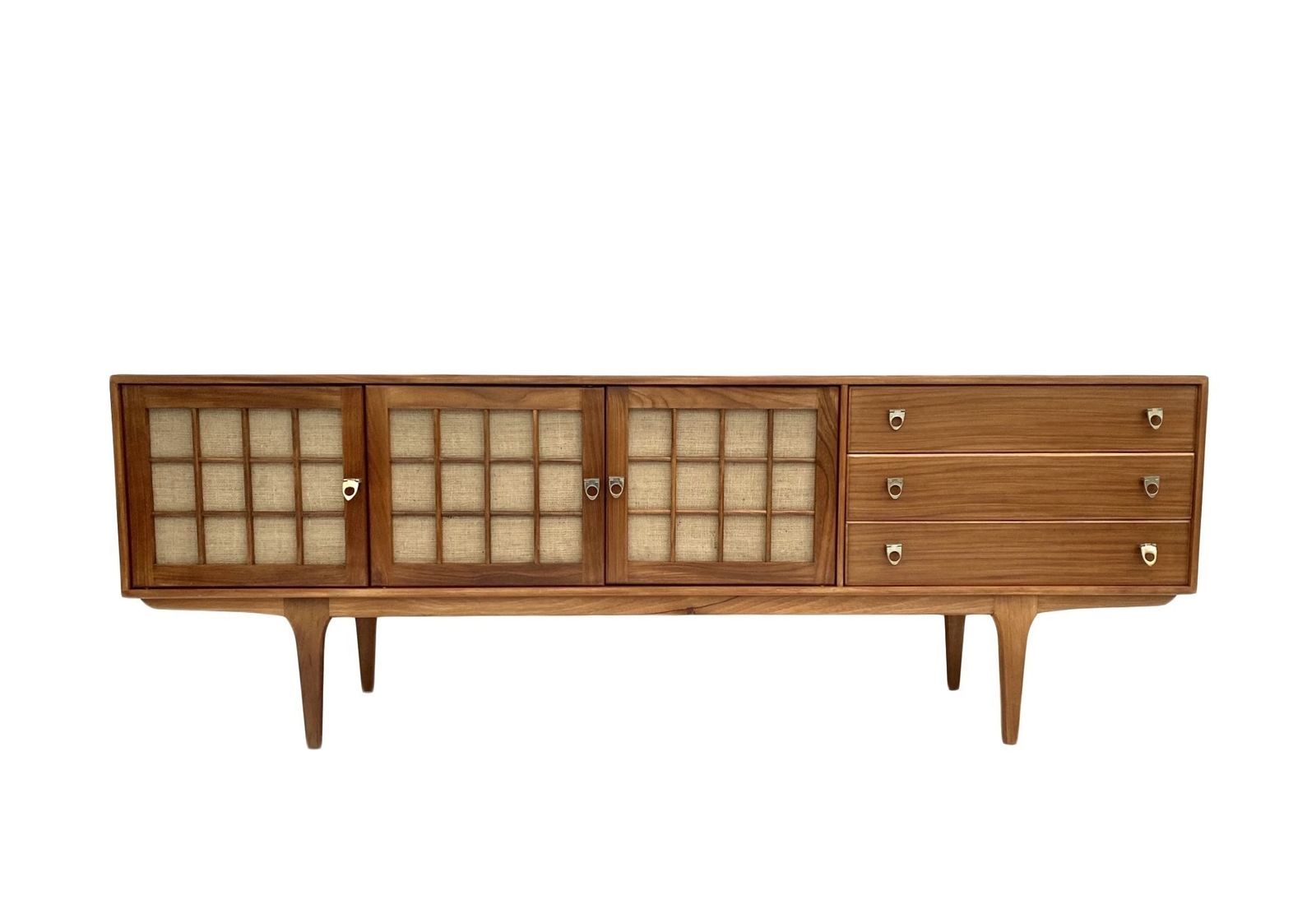 British Younger Teak And Hessian Long Sideboard Credenza Mid Century 1960s