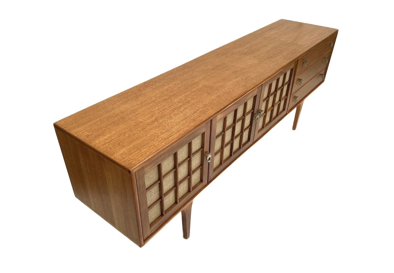 photo vintage British Younger Teak And Hessian Long Sideboard Credenza Mid Century 1960s