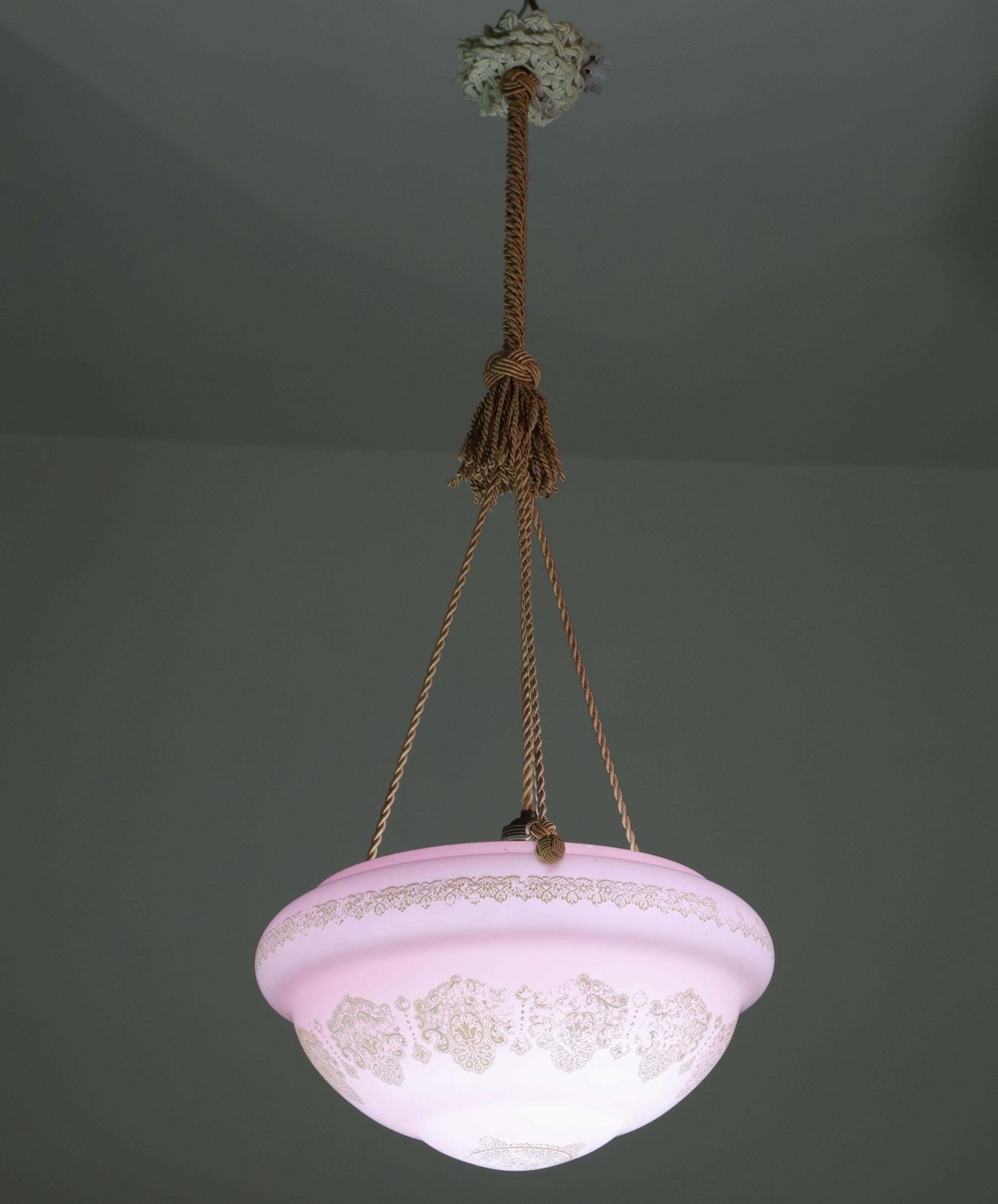 photo buy Italian Midcentury Pink Art Decò Vintage Glass Chandelier With Decorations, 1950