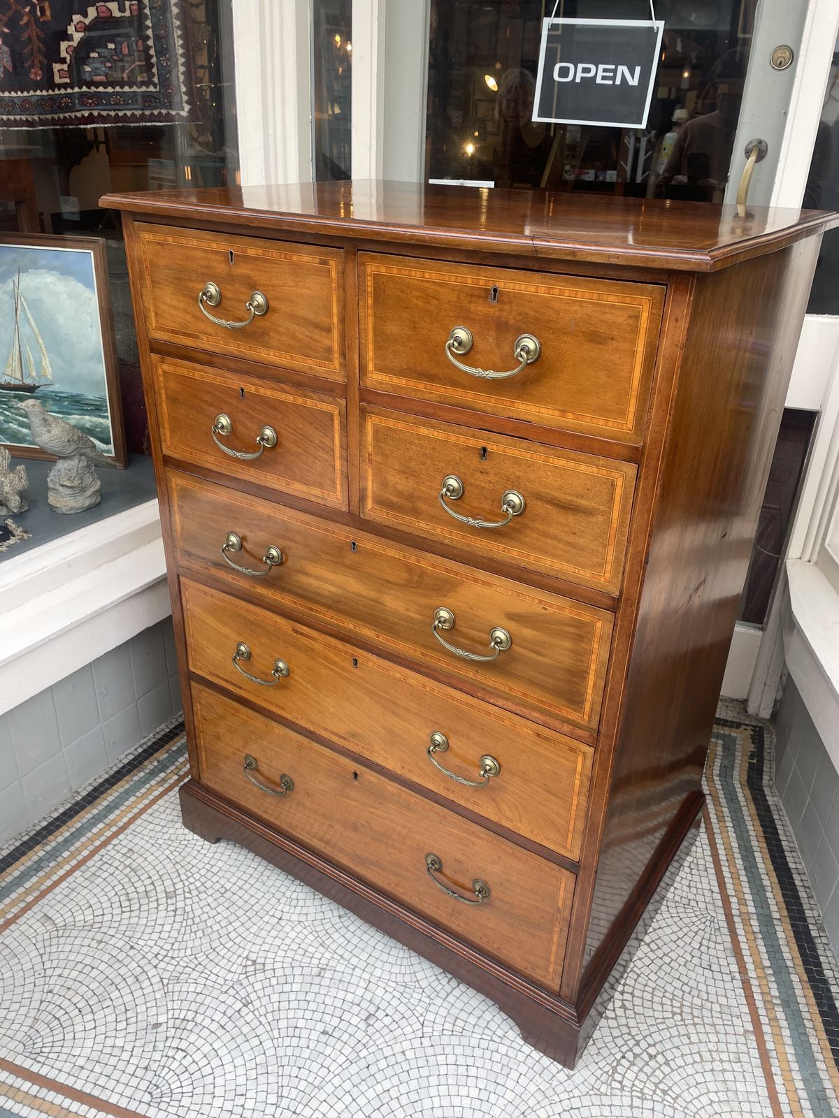 Antique Mahogany & Satinwood Inlaid Chest Of Drawers By Maple & Co photo for sale