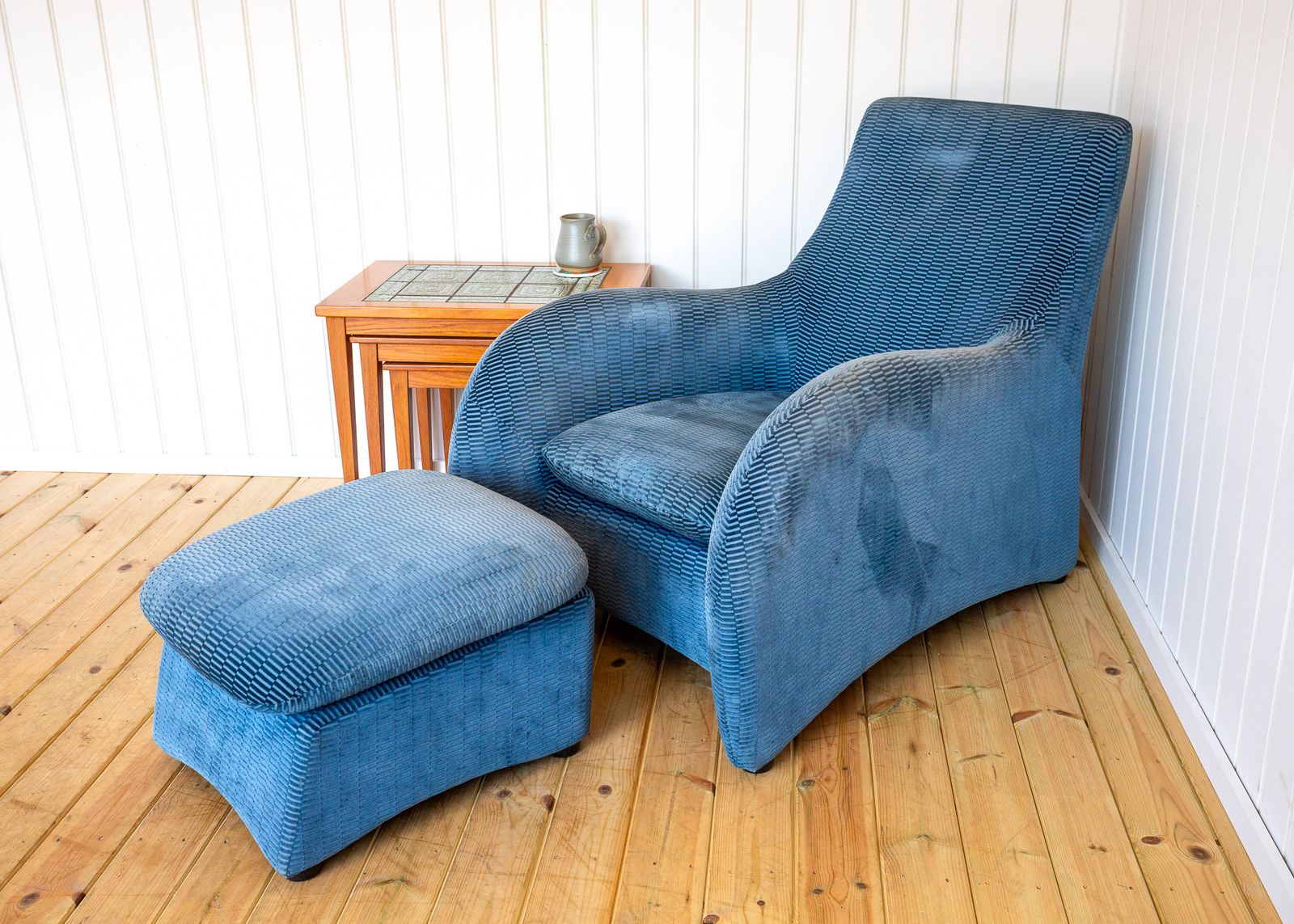 Loge Lounge Chair & Ottoma.N By Gerard Van Den Berg For Montis 1980s La Maison Pierre Frey Fabric Blue Velvet Armchai.R Footstool Art Deco Style photo for sale