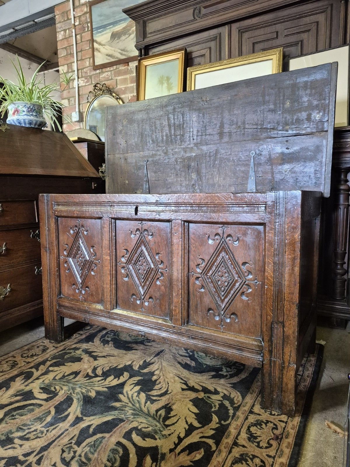 A Super & Generous 18th Century Three Plank Coffer Penny Hinge Top Carved Panels photo for sale
