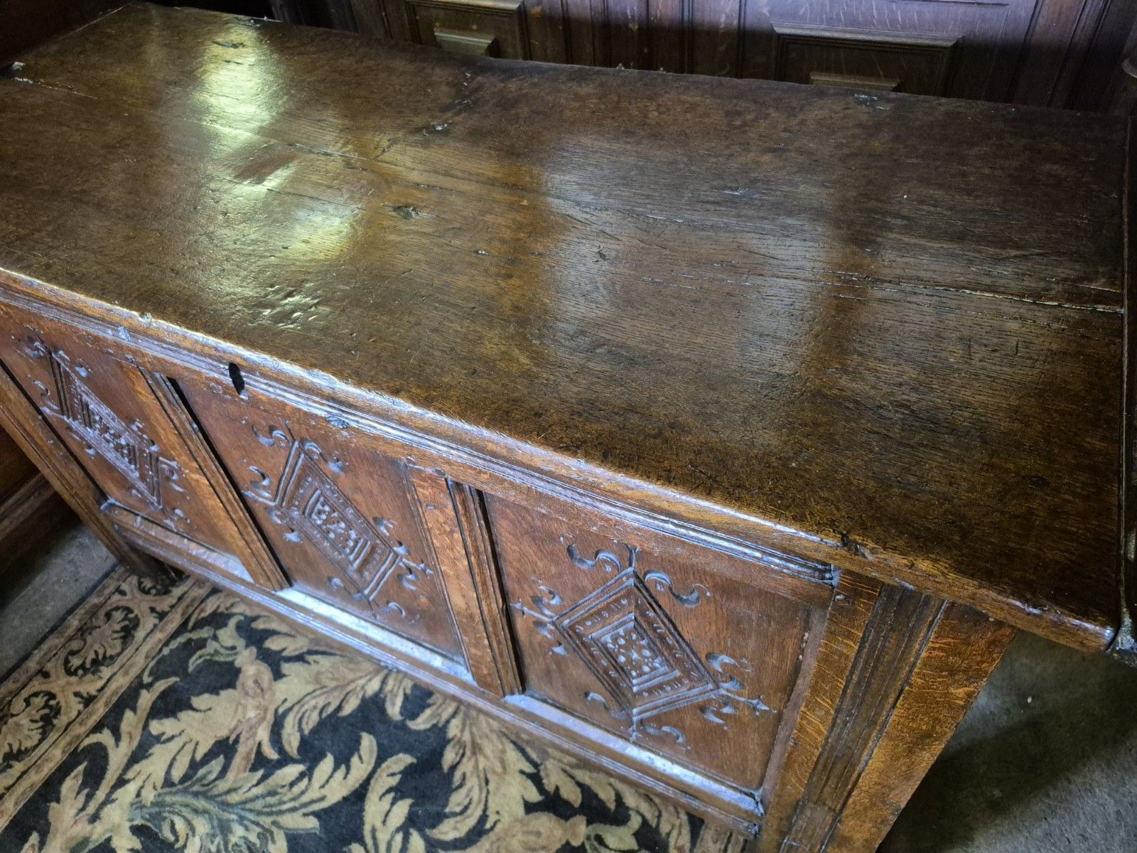 Furniture A Super & Generous 18th Century Three Plank Coffer Penny Hinge Top Carved Panels photo