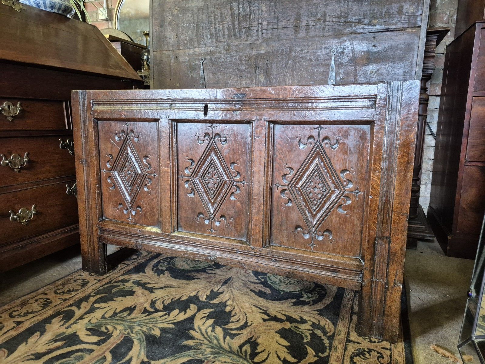 photo buy A Super & Generous 18th Century Three Plank Coffer Penny Hinge Top Carved Panels