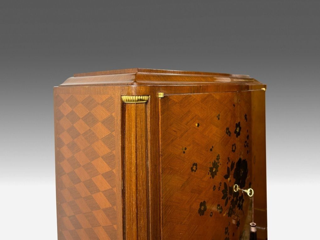 Jules Leleu Art Deco Cabinet With Floral Marquetry In Ebony And Mother Of Pearl photo vintage