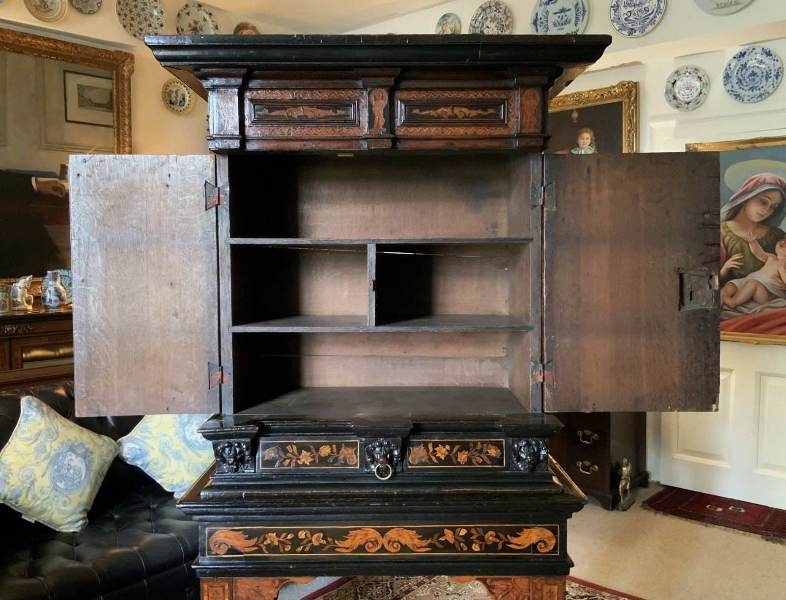 photo furniture 17th Century Dutch Baroque Marquetry Cabinet On Stand Floral And Pewter Inlay