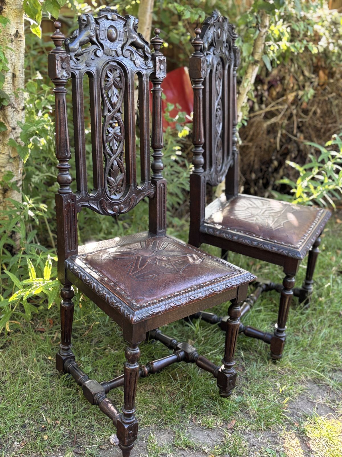 photo furniture Pair Of Gothic Revival Lions & Griffins Carved Oak Hall Chairs 19th Century