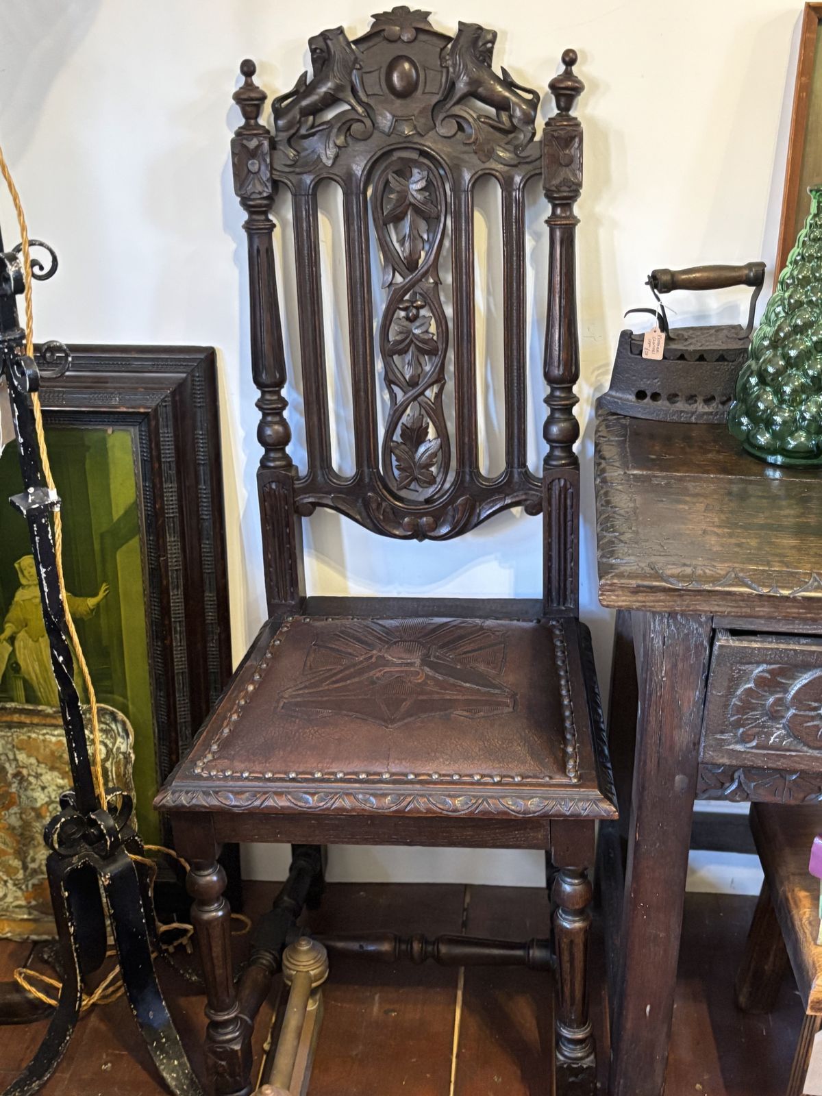 photo for sale Pair Of Gothic Revival Lions & Griffins Carved Oak Hall Chairs 19th Century