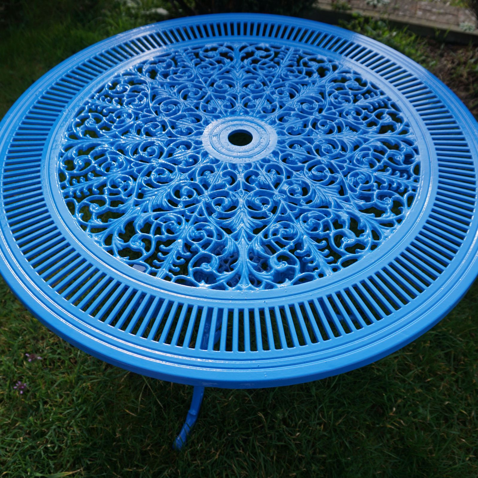 Powder Coated Blue Cast Aluminium Garden Bistro Table & Chair Set Fully Refurbished photo for sale