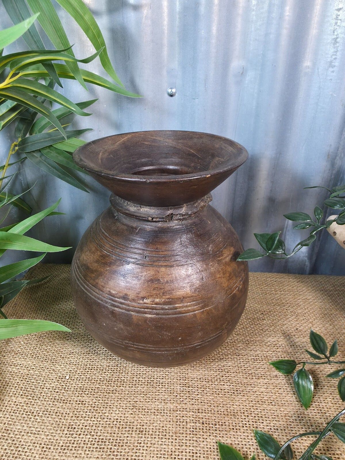 Vintage Antique Wabi Sabi Rustic Nepalese Turned Wooden Milk Water Curd Pot Vase photo Home Decor