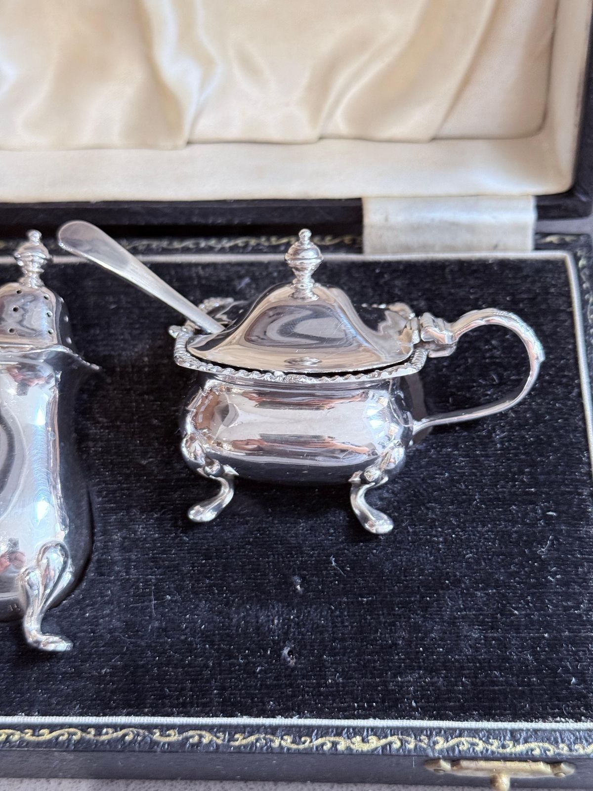 Sterling Silver Condiment Set In Case Blue Glass Salt, Mustard & Pepper Shaker photo buy