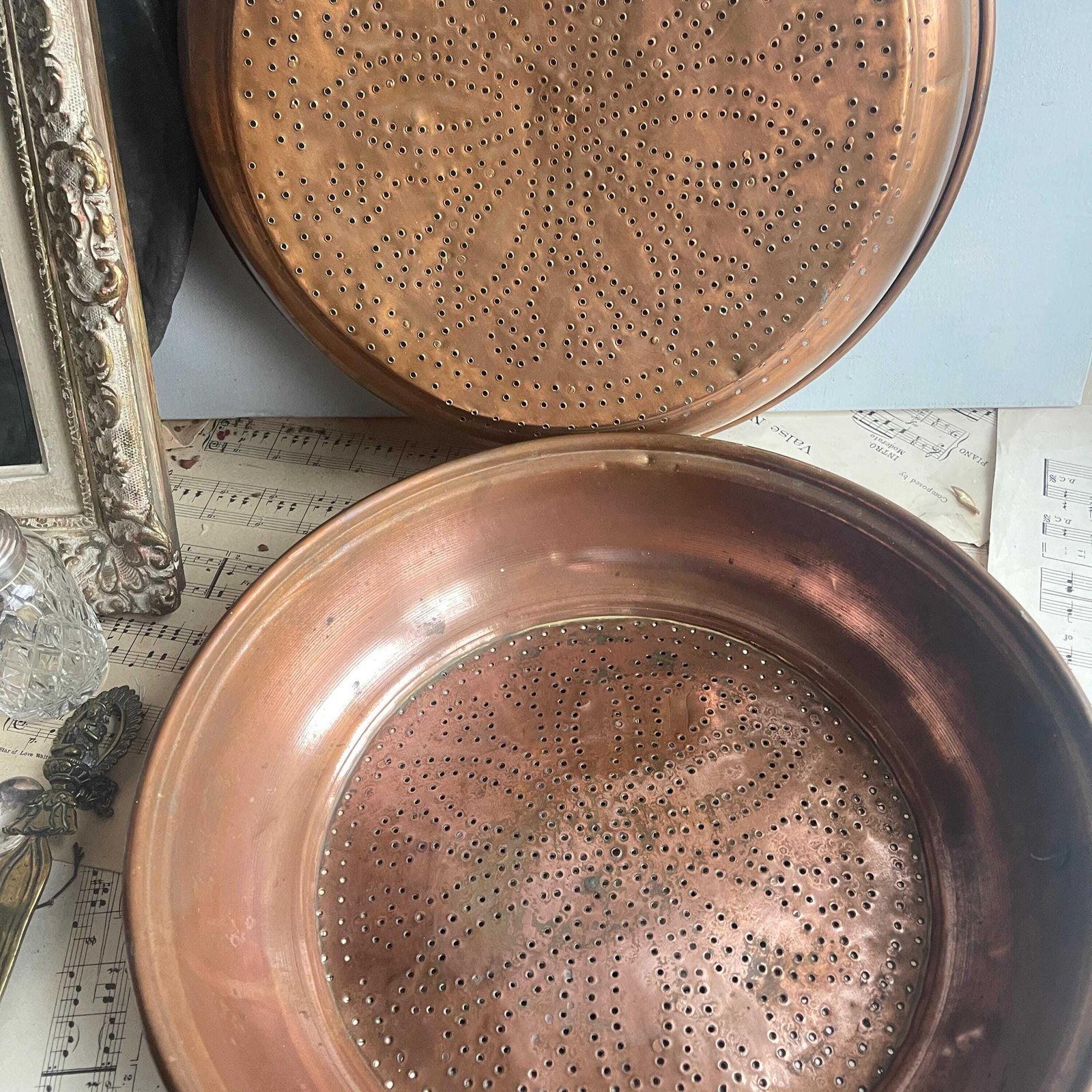 photo furniture Antique French Copper Sieve   Wall Hanging Colander   Farmhouse Country Kitchen Decor