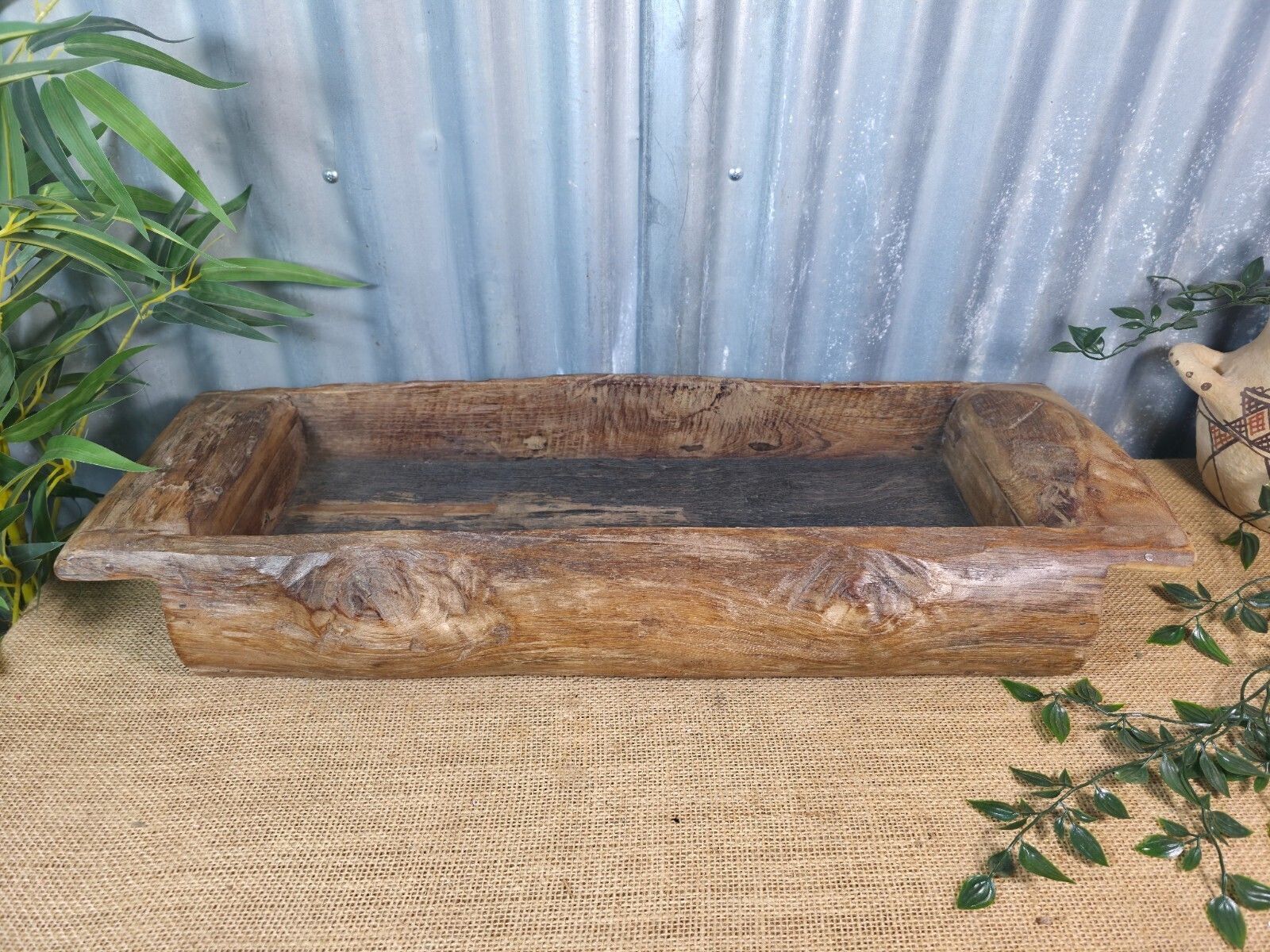 Vintage Rustic Wabi Sabi Hand Made Hardwood Wooden Trough photo vinterior